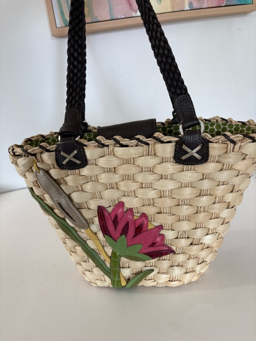 BRIGHTON Raffia Leather Floral Beach Tote Bag Coastal Vacay Natural Vacation EUC - Picture 6 of 16